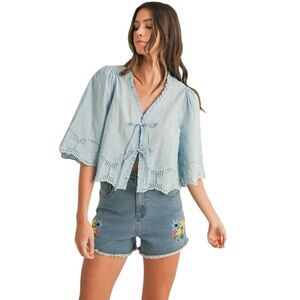 Brighton Light Blue Embroidered Tie Front Blouse
